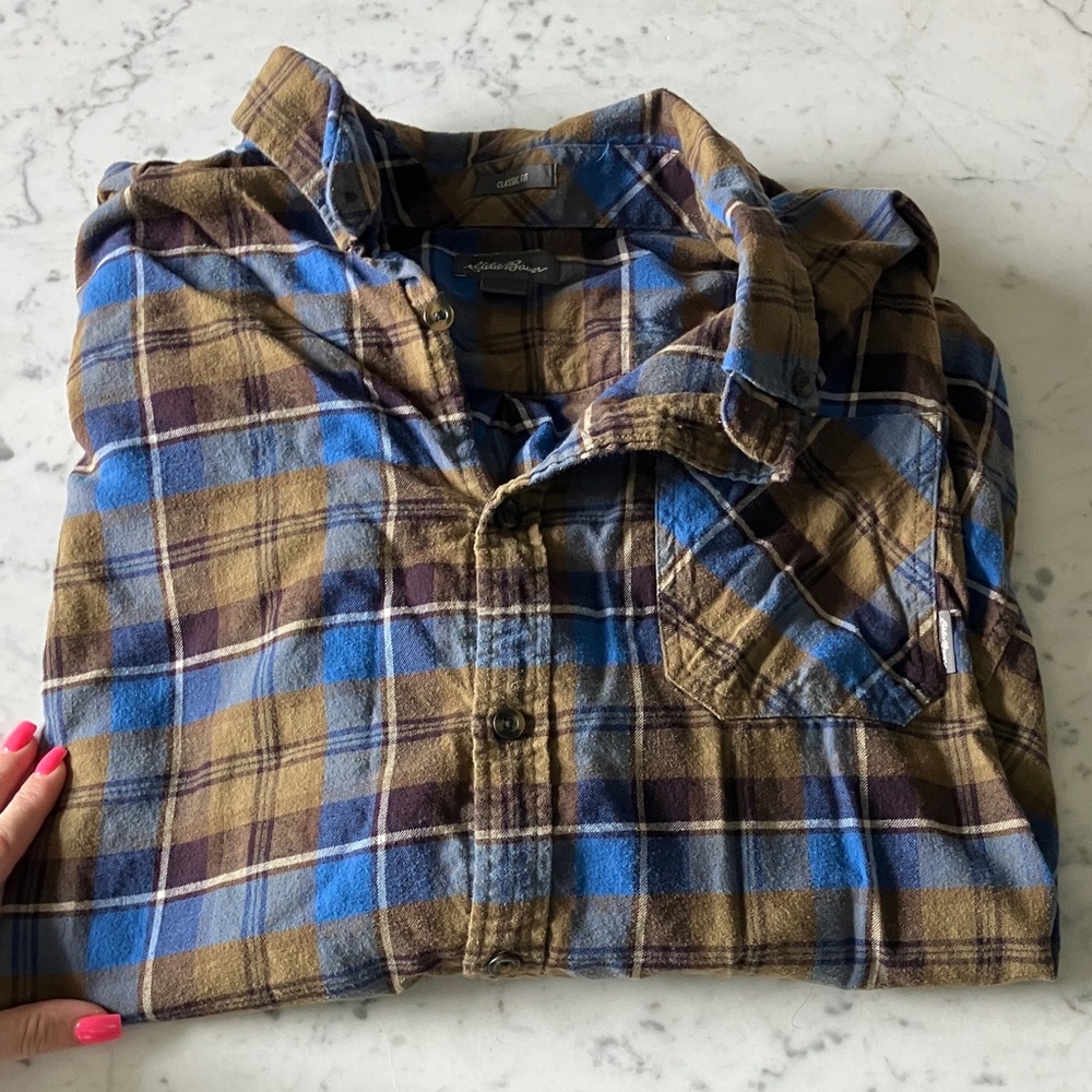 Eddie Bauer Blue and Brown Plaid Button-Down Shirt
